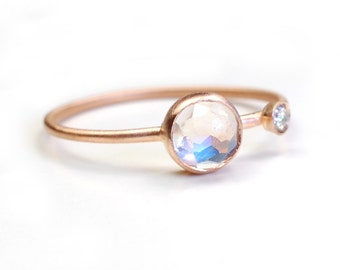 Moonstone Ring, Engagement Ring, Rose Cut Moonstone Ring, Moonstone Diamond Ring, Asymmetrical, Rose Gold, June Birthstone, Slim Band, Nixin