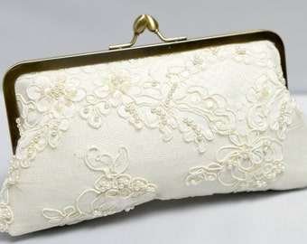 Lace Bridal Clutch, Ivory Wedding Purse, Alencon Lace Purse, Lace Wedding Bag, Formal Clutch {Lotus Pearl Kisslock}