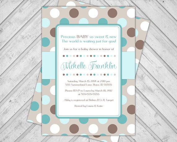 Gender Neutral Baby Shower Invite, Baby Shower Invitations, Turquoise Brown Polkadots, Printable or Printed Cards (958) Il_570xn