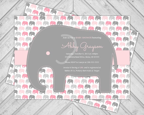 ... shower invitations - gray and pink baby shower Invite with elephants