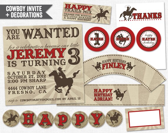 Cowboy Party Pack PDF (Invitation, Cupcake Topper and Wrapper, Bottle Label, Thank You Notes, Treat Bags, Banner) Il_570xn