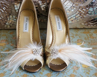 Feather Rhinestone Wedding Holiday Shoe Clips Cream Ivory Taupe Beige Bride Bridal Party Bridesmaid PETITE MARY LOU Customizable Any Colors