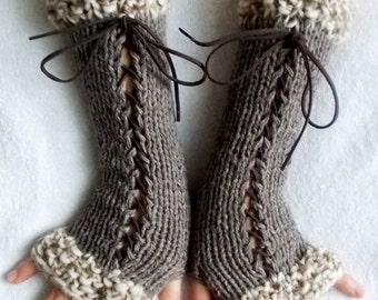Knit Fingerless Gloves Long Wrist Warmers Taupe/ Brown Corset with Suede Ribbons Victorian Style