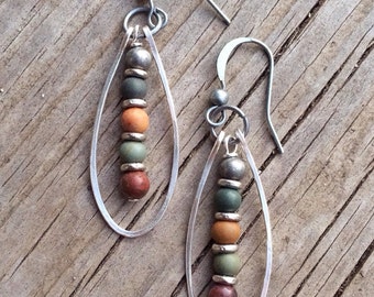 Silver Hoop Earrings, Boho Earrings, silver earrings, stone jewelry, colorful jewelry, gift for her