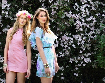 Pixie, French Vintage, 1970s Pastel Blue, Floral Bohemian Butterfly Sleeve Mini Dress, from Paris