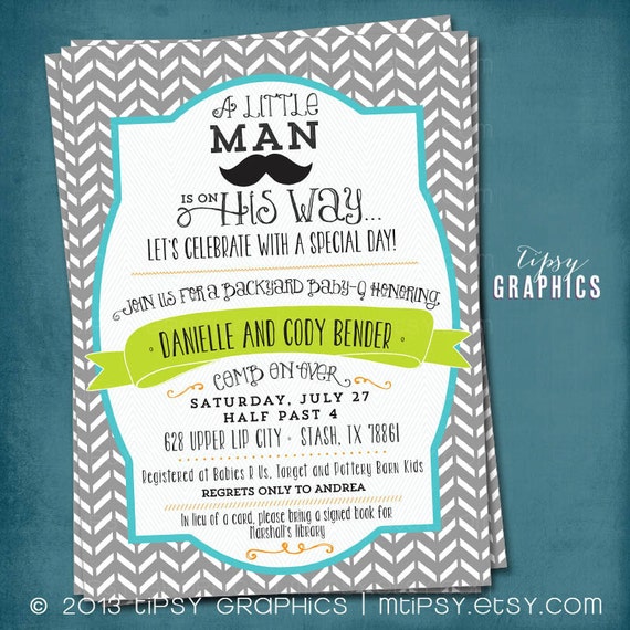 Little Man on the Way. Mustache Chevron Baby Shower or Birthday Party Invitation by Tipsy Graphics. Any colors Il_570xn