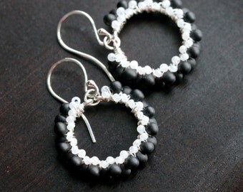 Black and white beaded earrings, seed bead earrings, sterling silver, drop earrings, wire wrapped jewelry, dangle hoop, Mimi Michele Jewelry
