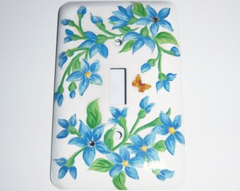 Blue floral steel single light switch cover - clear swarovski crystals