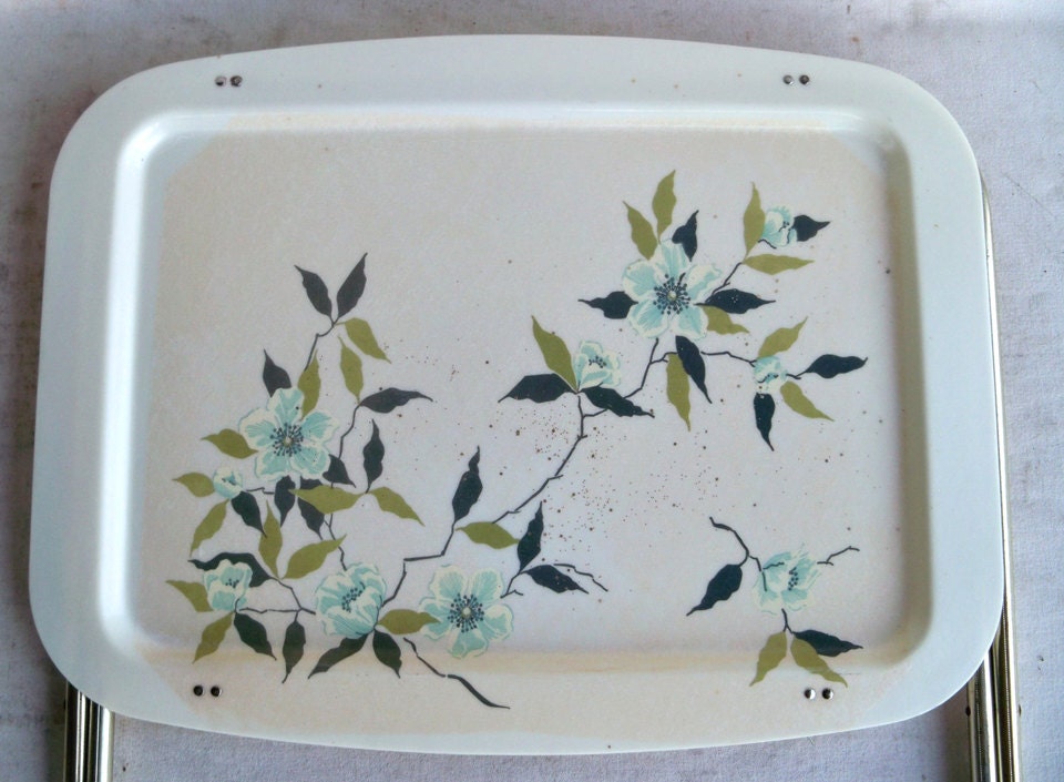 Four Mid Century Plastic TV Trays with Floral Print and