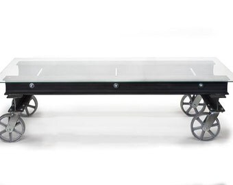 Coffee Table, Industrial Coffee Table, Glass Coffee Table, Steel & Glass Table, Modern Industrial Glass I-Beam Coffee Table w/ Casters