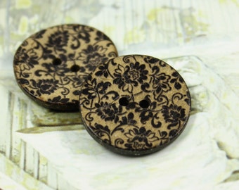 Flower Wooden Buttons - Black Lace Flowers Coconut Buttons 1 inch . 6 in a set