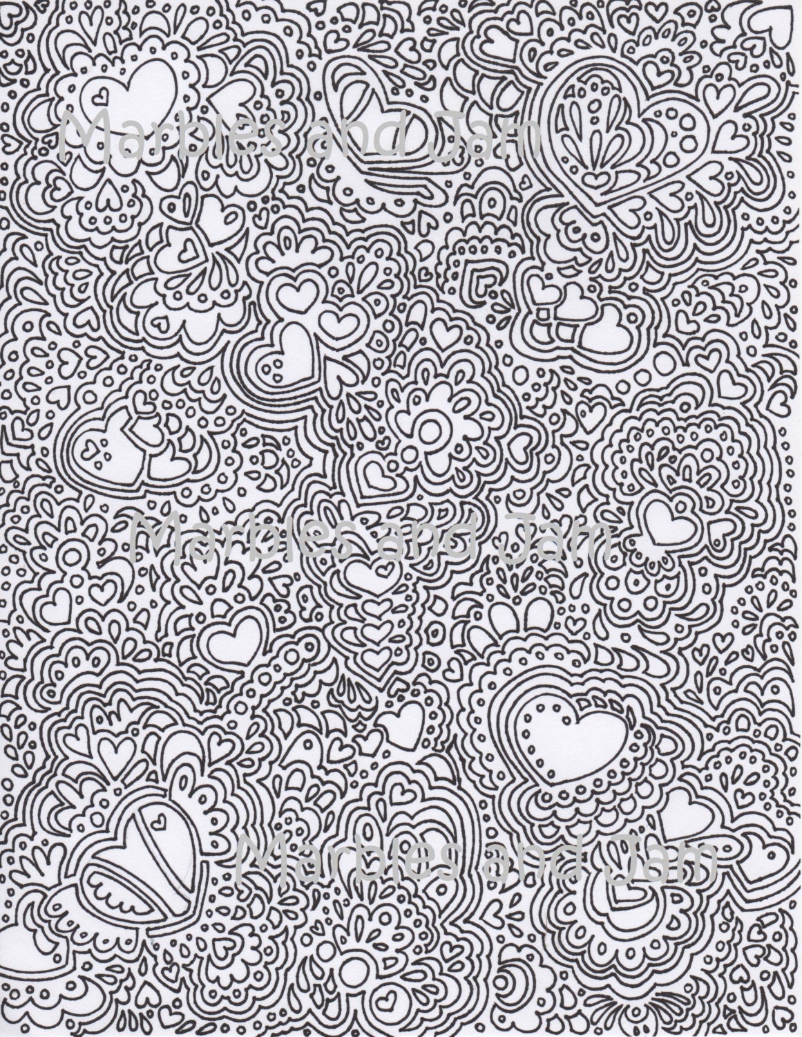 Abstract hearts printable adult coloring page