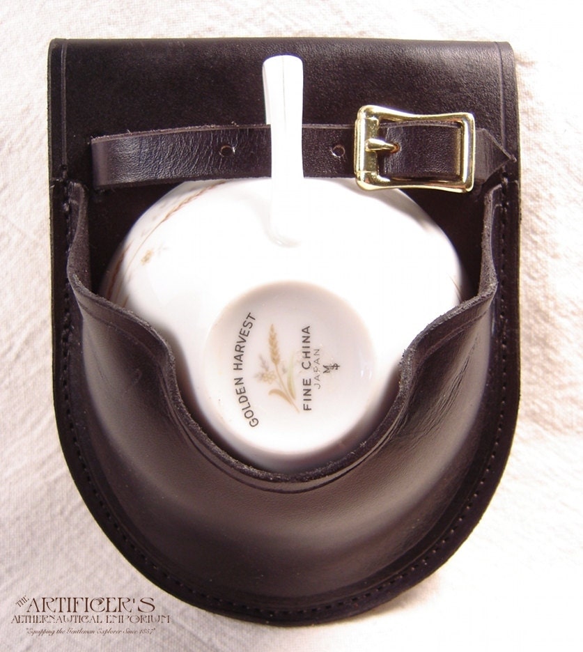 Black Leather Teacup Holster with Vintage Teacup