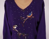Hand Painted 100% Cotton Sweater 'Feathered Friends' Winter Chickadee and Nuthatch design on Purple Sweater with Chickadee and Nuthatch