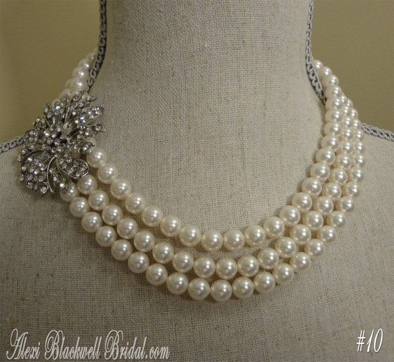 Pearl Brooch Necklace Set 3 strands by AlexiBlackwellBridal