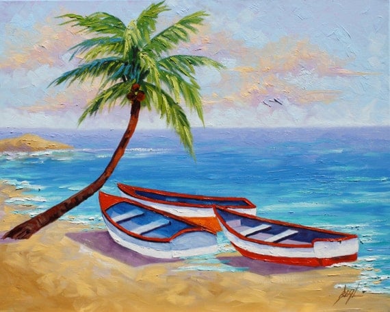 Boat Oil Painting Tropical Beach Painting signed Canvas Beach