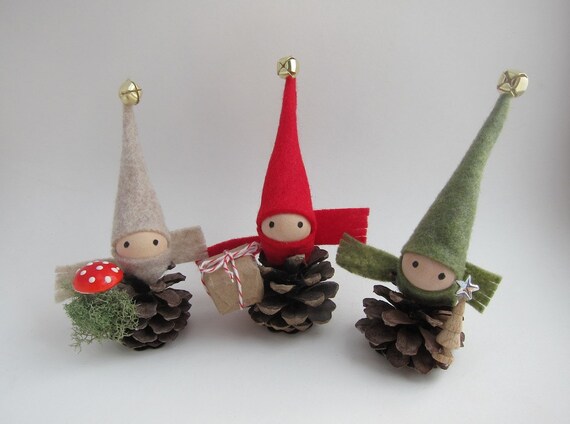 4 Pinecone Elf Ornament Trio Woodland Holiday Decor