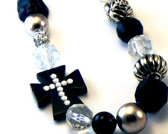 Black Side Cross Beaded Necklace