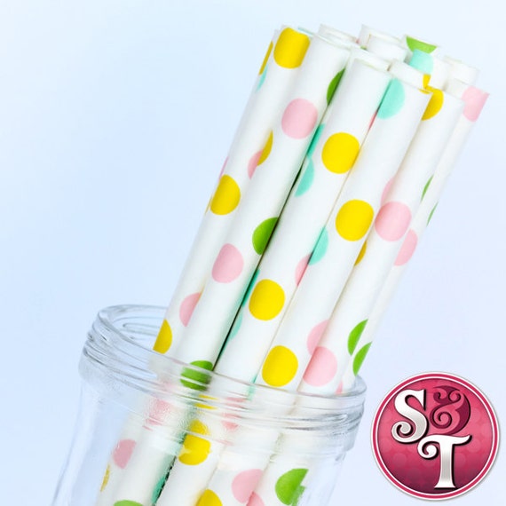 Dot Party Paper Straws: Rainbow Pastel - Cake Pop Sticks - Pixie Sticks - Qty 25 Il_570xn