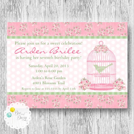 Bird Cage Invitation Girls Bird Birdie Birthday by BeeAndDaisy