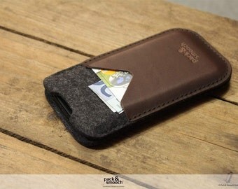 iPhone iPhone SE / 5S iPhone 5c wallet case cover - KIRKBY - 100 % wool felt, pure vegetable tanned leather sleeve