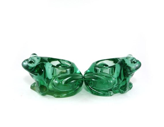 Green glass frog candle holders set of 2