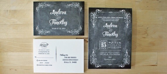 Chalkboard typography wedding invitation and RSVP postcard - Printed or Digital Version Il_570xn