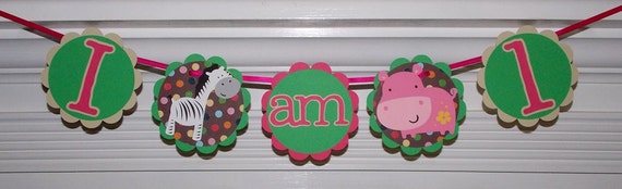 Jungle 1st Birthday High Chair Banner ... includes 2 die cuts Zebra Hippo ... READY TO SHIP ... Pink Brown Green ... adjustable Il_570xn