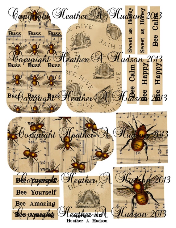 Vintage Bumble Bee Calm Digital Collage sheet