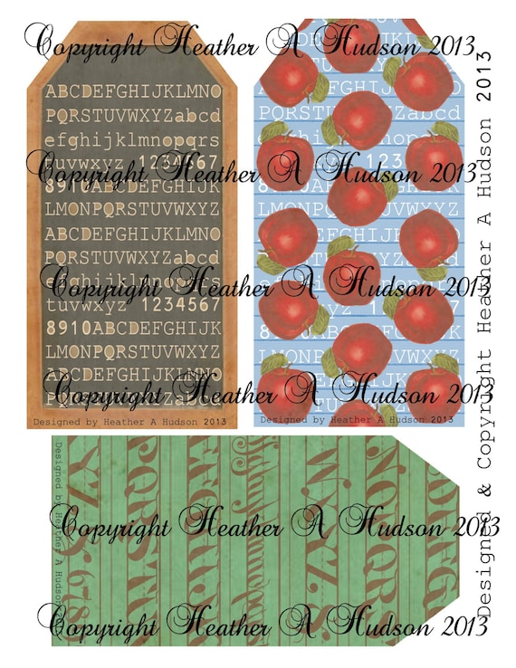 Vintage Back to School Tags Blackboard, Apples, Cursive Digital Collage sheet