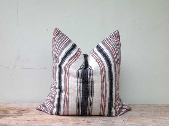 Navy Stripe Pillow Case Nature Hemp Hand Woven A Piece Of Vintage Tribal Textile 20" x 20" Front And Reverse Same Fabric