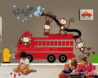 Nursery Wall Decal - Wall Decals Nursery - Firetruck Wall Decal - Monkeys Decals - Monogram