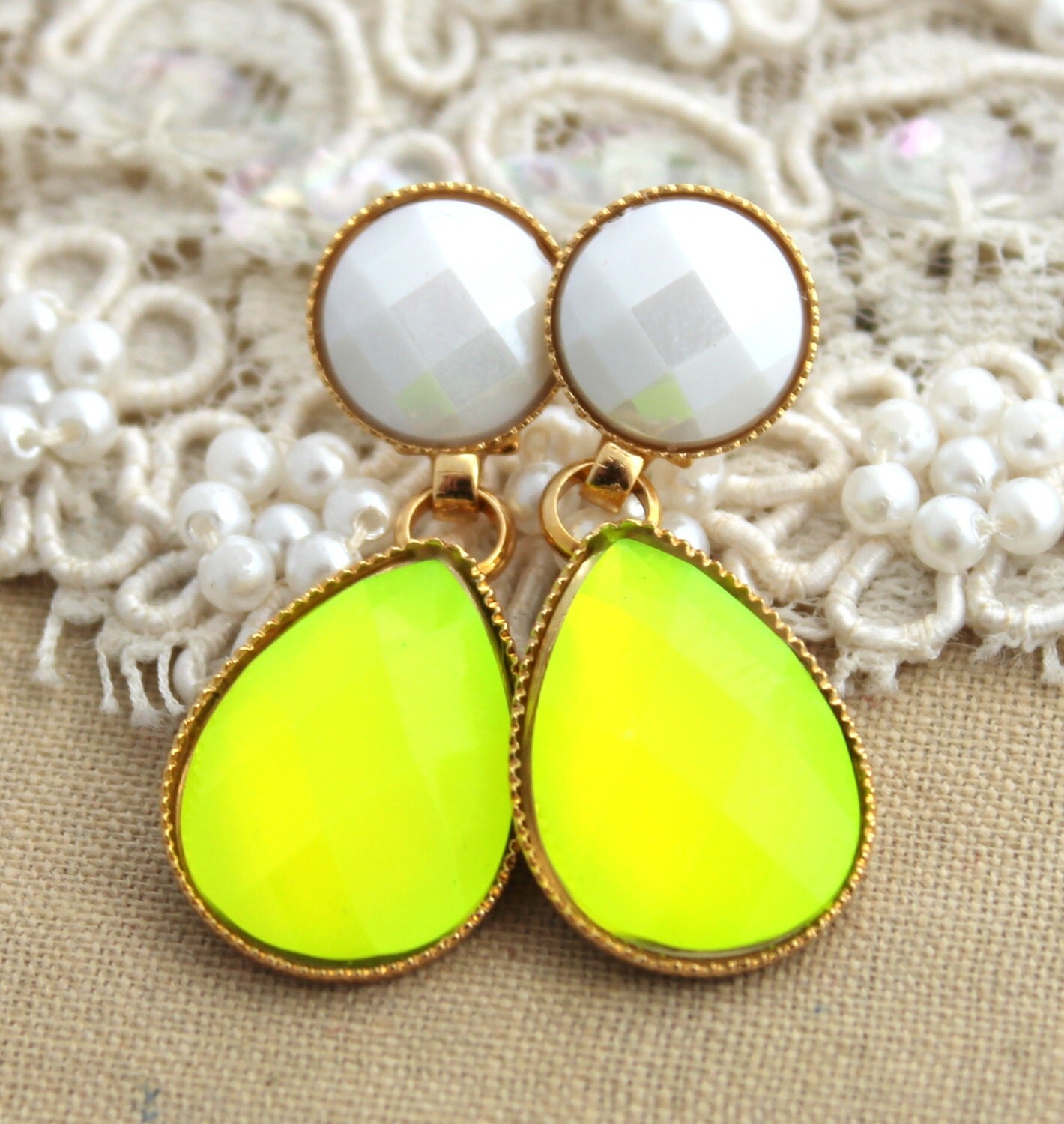 Neon Yellow Rhinestone Dangle earrings trendy jewelry 14k