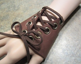 Leather Fingerless Glove Hand Jewelry Wristband Cuff Bracelet BLACK or BROWN Corset Belt Bracelet