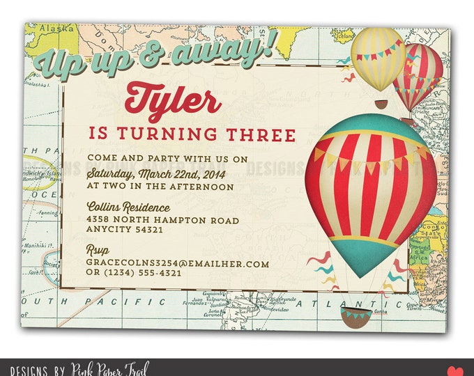 Vintage Hot Air Balloon Party Invitation, I will customize for you, Print your own