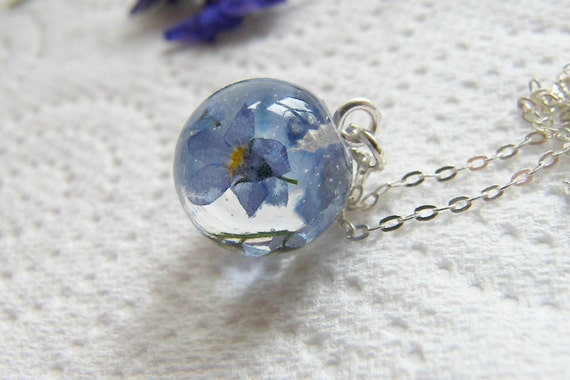 Tiny real forget me not necklace