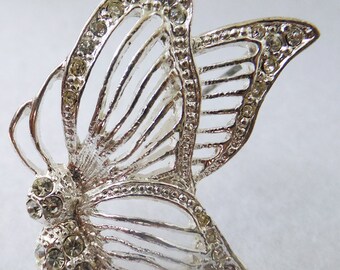 Vintage jewelry brooch with clear rhinestones in silver butterfly brooch