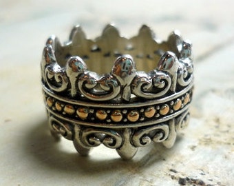 Princess Crown Ring, Sterling Silver Ring, boho Ring, Silver Gold Ring, Statement ring, gypsy Ring, Two Tones Band, Rustic Band.