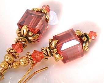 Peach Orange Coral Padparadscha Crystal Earrings in Gold