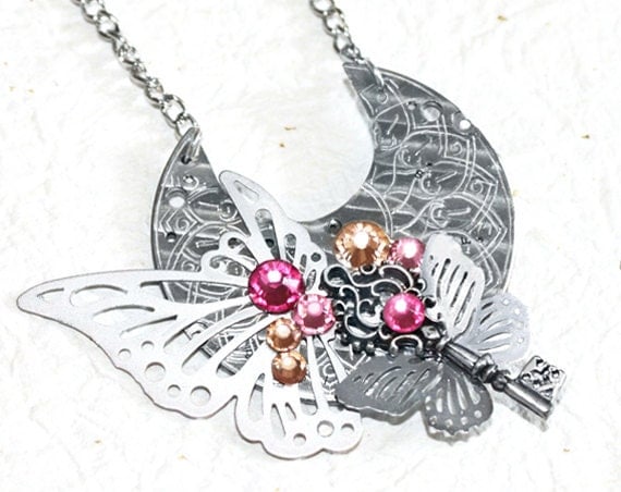 Steampunk Necklace - Ornate Butterfly Key GUILLOCHE ETCHED Antique Pocket Watch Movement Steampunk Necklace - Silver Butterfly Necklace Gift by TimeInFantasy steampunk buy now online