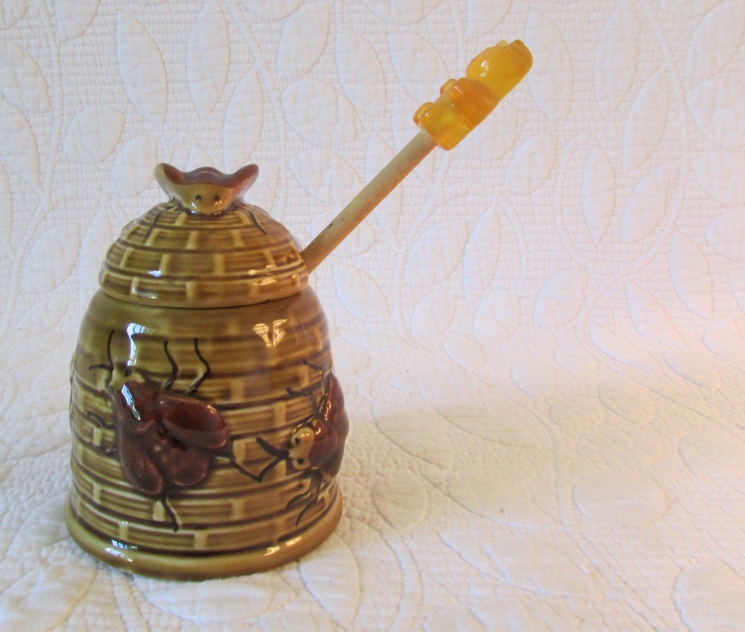 Download Ceramic Honey Jar Bee Hive with Wooden Dipper Yellowimages Mockups