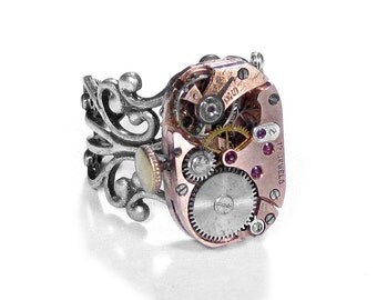 Steampunk Jewelry Ring Vintage ROSE GOLD Watch Movement Steam Punk Ring, Mothers Day, Anniversary STUNNING - Jewelry by Steampunk Boutique