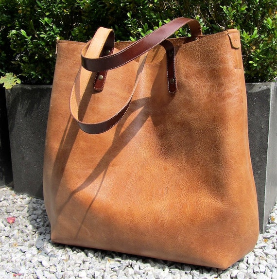 Leather Tote bag / large shopper BIG and zipper pouch in tan