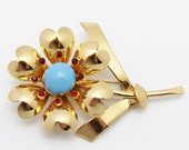 Vintage Brooch Signed Coro Gold Metal Blue and Red Stones