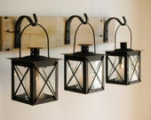 Black Lantern Trio Wall Decor, Home Decor, Rustic Decor, hanging from wrought iron hooks on wood board
