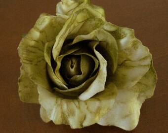 Variegated Olive Green Rose Flower Poly Silk Hair Clip