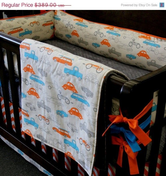 Retro Car and Chevron 4pc. Crib Set Made to Order Gray