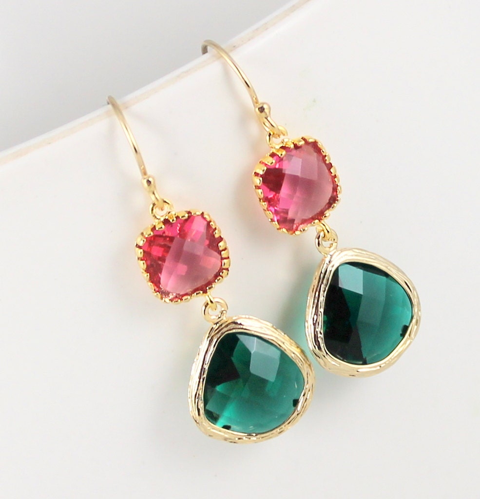 Emerald Green and Fuchsia Glass Gold Earrings Green Earrings