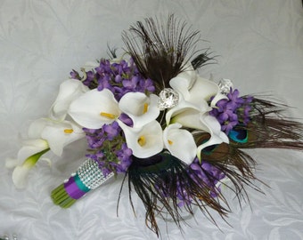 Calla lily wedding bouquet Real touch mini white calla lily peacock feather cascading bridal bouquet