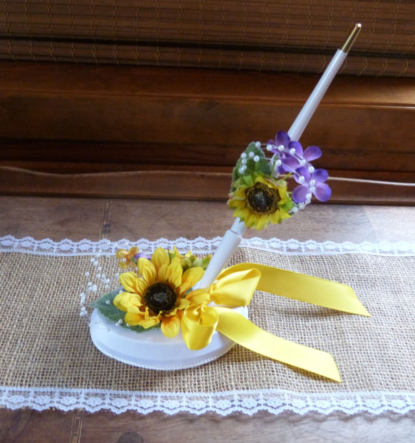 Sunflower guest book pen and holder for rustic country wedding